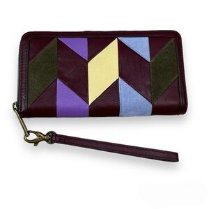 Fossil RFID Zip Around Logan Patchwork Leather Wallet‎ Clutch Burgundy